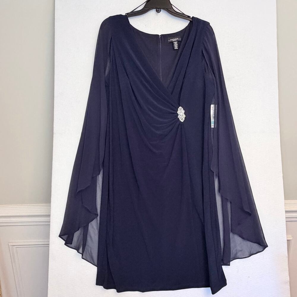R&M Richards Womens 20W Navy Chiffon Cape Wrap Dress Rhinestone NWT